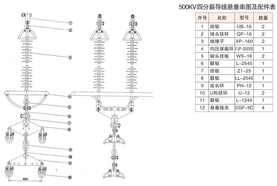 500KV四分裂导线悬垂串图及配件表