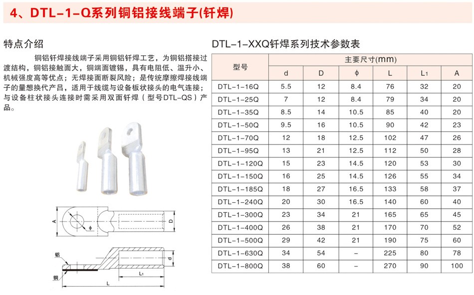 DTL-1-Q系列铜铝接线端子（钎焊）
