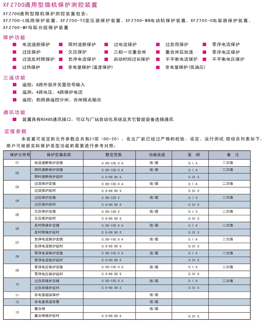 XFZ700-L线路保护测控装置