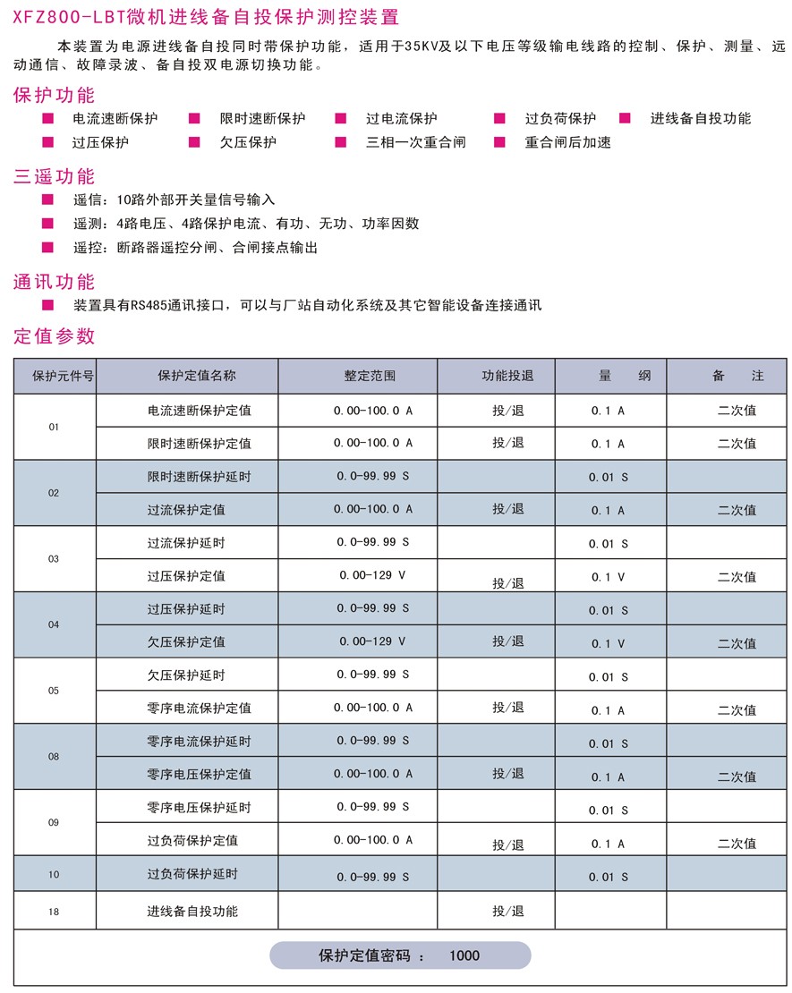 XFZ800-LBT微机备自投保护测控装置