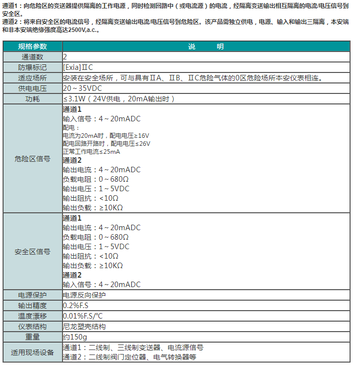 SWP7000-EX系列检测端/操作端隔离式安全栅