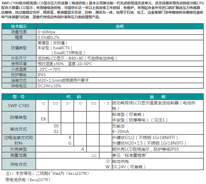 SWP-CY80低功耗现场LCD显示压力变送器（电池供电）