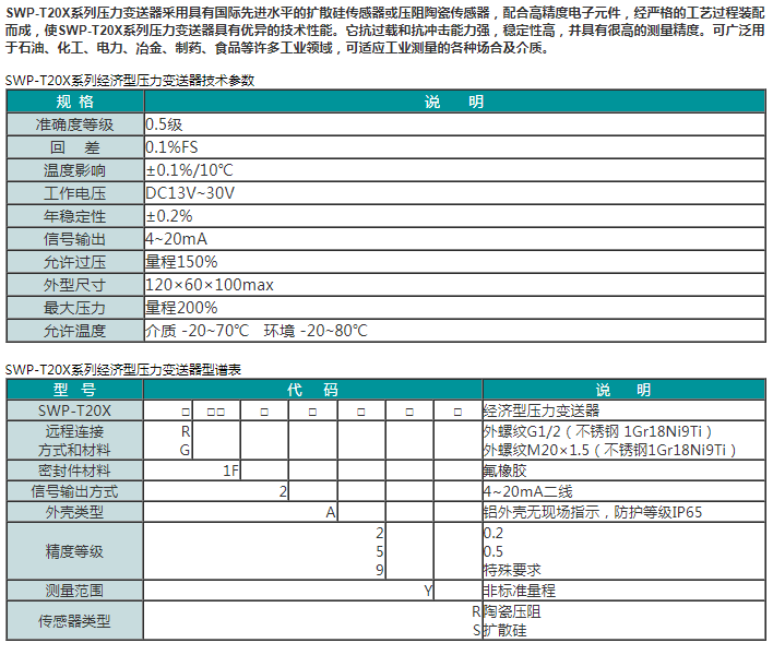 SWP-T20X系列经济型压力变送器