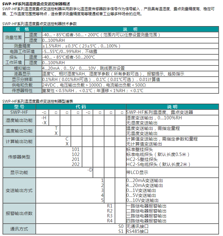 SWP-HF系列温湿度露点变送控制器