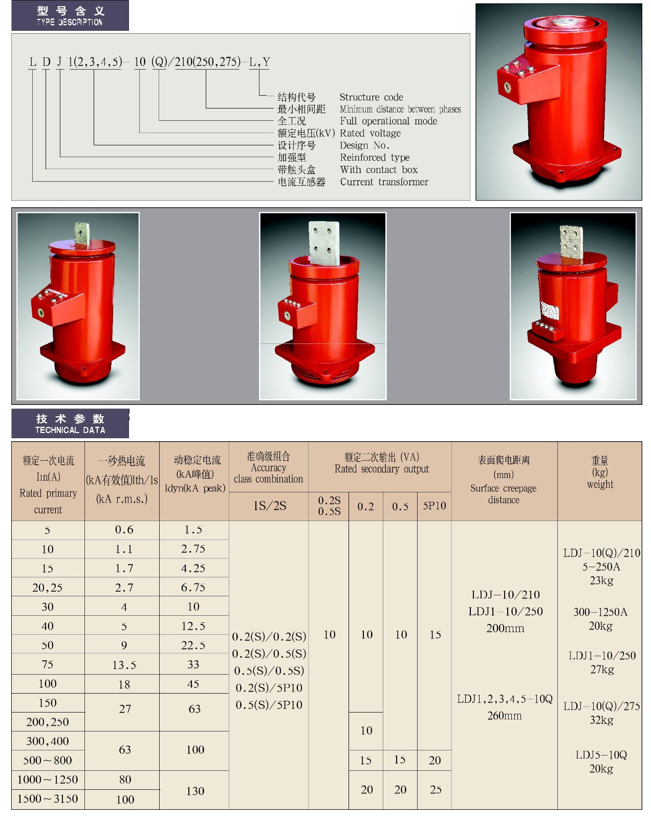 LDJ1(2、3、4、5)-10(Q)/210(250、275)-L、Y系列电流互感器